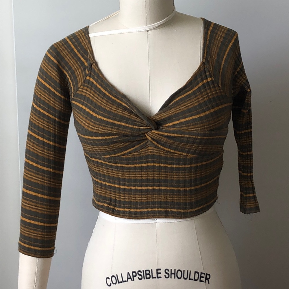 Striped rib knit crop top with twist front detail